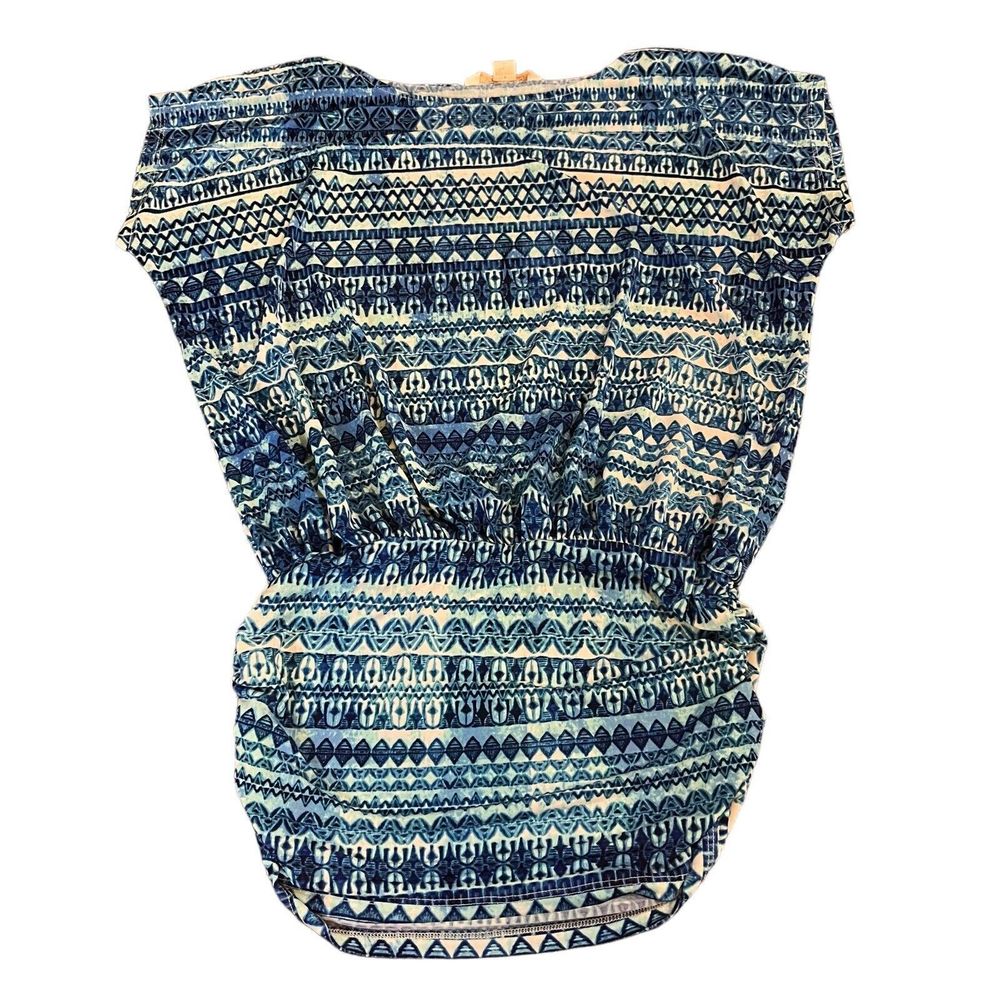 BODEN Womens Small Short Sleeve Blue White Aztec Tunic Cinched Waist Boho Spring